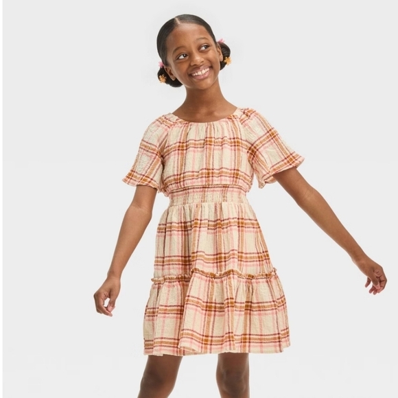 Cat & Jack Other - Girls' Short Sleeve Tiered Woven Warm Plaid Dress - Cat & Jack Brown XS
